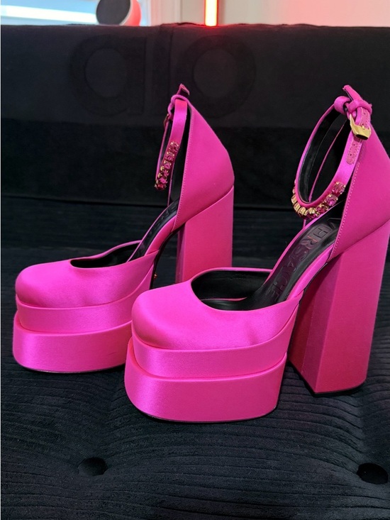 Versace Shoes - Versace Hot Pink Platform Block Heel Ankle-Strap Pumps